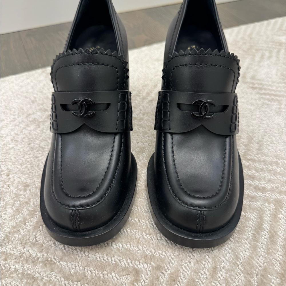 Chanel Black Leather Loafers with Block Heel